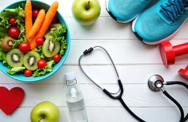 Healthy lifestyle items including fresh salad, green apple, water bottle, stethoscope, red heart, and blue running shoes with weights. Concept for diet, fitness, and wellness.