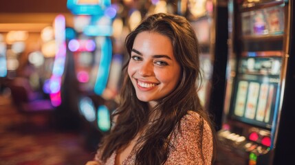 A young woman enjoys her time in a lively casino atmosphere surrounded by bright slot machines.