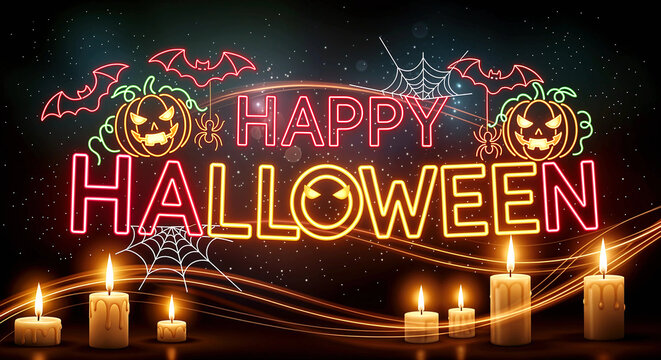 Happy Halloween: A Neon Celebration Featuring Glowing Pumpkins, Bats, Spider Webs, and Candles Honoring Spooky Fun and Festive Fright
