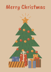 Holiday vintage greeting card with Christmas tree with balls and gifts in flat style.