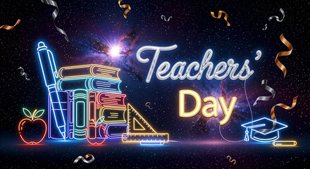 Teachers’ Day: A Cosmic Celebration Featuring Neon Educational Icons, Glowing Script, and Starry Background Honoring Wisdom and Dedication