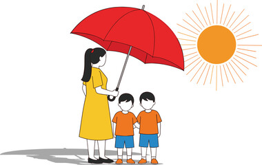 Mother protecting two young boys from the strong sun under a large red umbrella, warm family illustration showing care, safety, and love