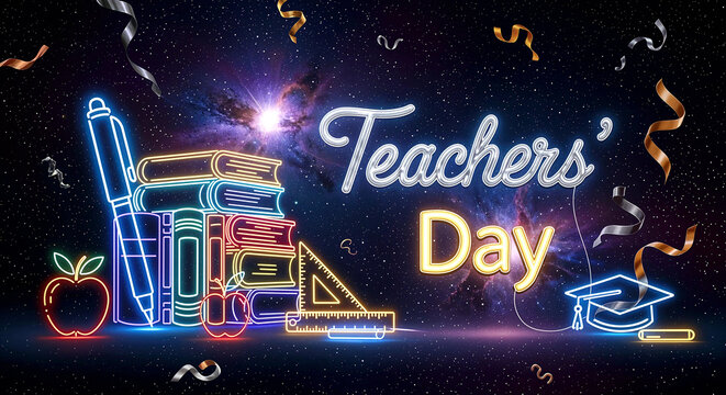 Teachers’ Day: A Cosmic Celebration Featuring Neon Educational Icons, Glowing Script, and Starry Background Honoring Wisdom and Dedication - Powered by Adobe