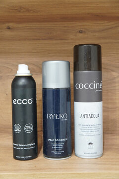Shoe care products: ecco waterproofing spray, Ryłko suede spray, and coccin&eacute; leather protector.