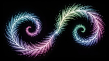 Abstract swirling fractal feathers with vibrant rainbow colors on a dark background