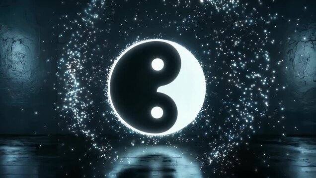 High resolution 4K animation of the Taoist yin yang symbol formed from glowing particles gracefully dissolving and reflecting on a dark reflective floor creating a mystical philosophical and visually