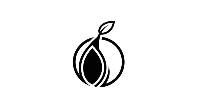 Minimalist black and white logo featuring a stylized plant sprout within a circular outline. - Powered by Adobe