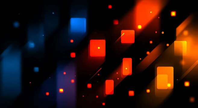 Black and orange background with a lot of squares. The squares are red and blue. The squares are in different sizes