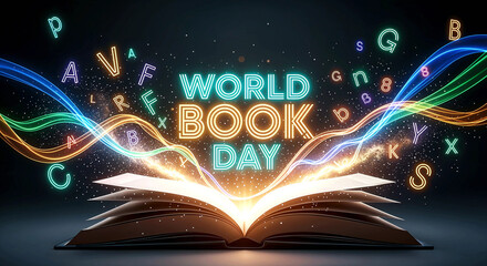 World Book Day: A Magical Celebration Featuring Glowing Pages, Floating Letters, and Cosmic Background Honoring Reading and Imagination