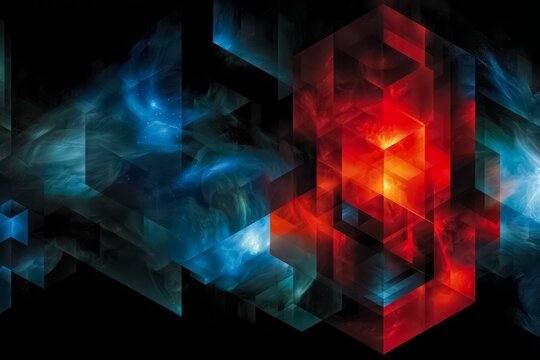 Colorful abstract painting with a red and blue background. The red and blue colors are in the foreground