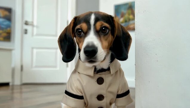 Amusing 4K close view of a funny Dachshund puppy dressed in a housemaid uniform briefly barking while looking from behind a wall in a light room at home before it quickly goes away