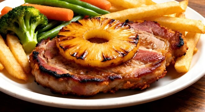 Fried Gammon steak with pineapple, french fries and vegetables