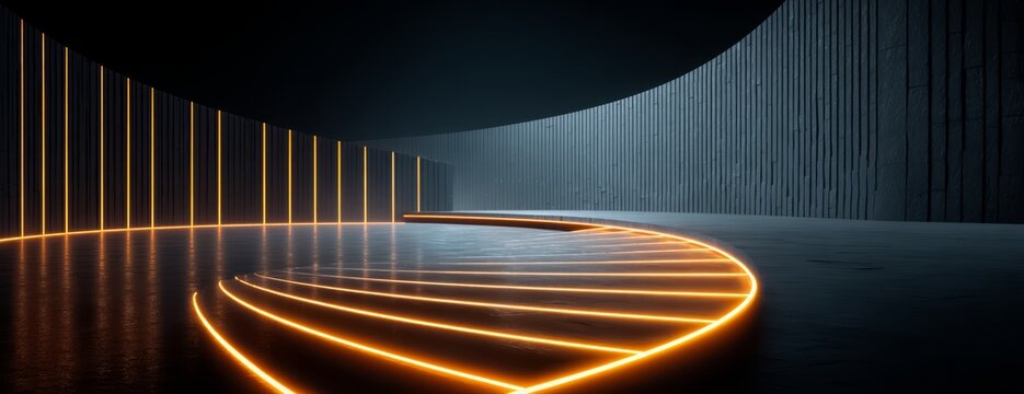 Dark room with a spiral staircase and orange lights. The room is empty