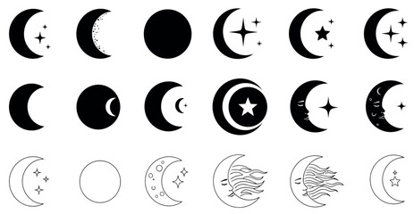 Moon phases vector set with stars and calligraphy