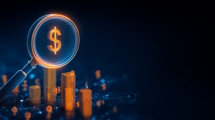 Magnifying glass is focused on a dollar sign. The dollar sign is surrounded by a cityscape