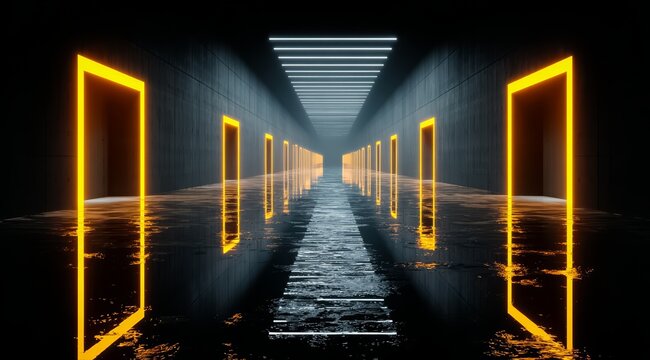 Long hallway with many doors, some of which are lit up in yellow. The hallway is dark