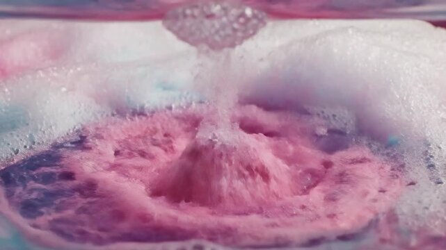 Close Up of Colorful Bath Bomb Fizzing and Dissolving in Water With Pink Blue and White Bubbles and Foam Macro Shot