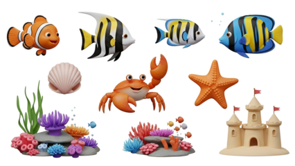 Collection of cute 3d rendered sea life and underwater element icons isolated on transparent background