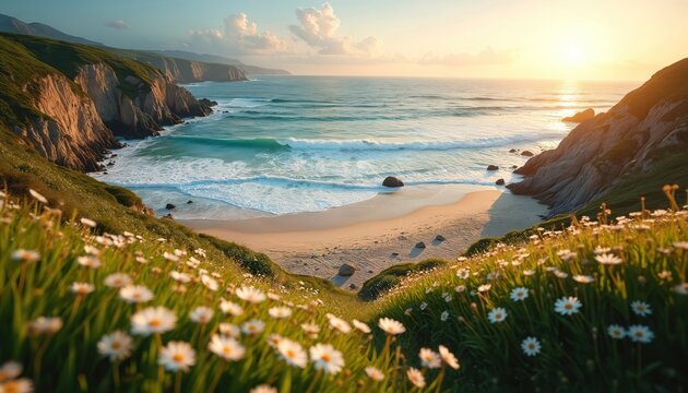 Scenic coastal landscape at sunset with rolling waves on a sandy beach. Green cliffs dotted with wildflowers overlook the ocean. Gentle surf washes ashore under a warm, golden sky. - Powered by Adobe