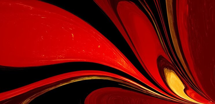 Red and black abstract painting with gold accents. The painting is full of swirls and has a sense of movement