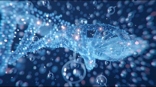 A futuristic visualization of neural networks and DNA structures, showcasing glowing molecular connections, digital particles, and abstract biotechnology elements. Ideal for medical science, innovatio