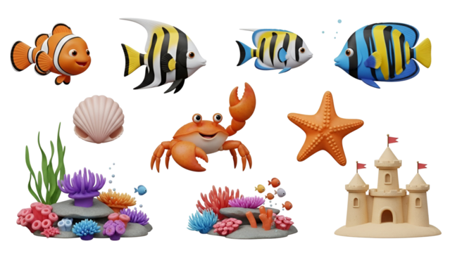 Collection of cute 3d rendered sea life and underwater element icons isolated on transparent background - Powered by Adobe