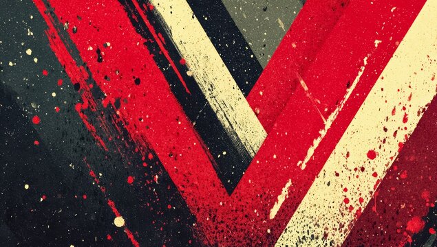 Red, black, and white painting with a V on it. The painting is abstract and has a lot of splatter paint