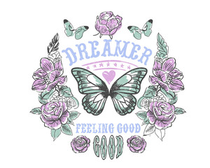 Fototapeta na wymiar hand drawing flower print design. Vintage hand drawing flowers graphics design. slogan typography t-shirt graphics. butterfly hand drawing illustration.