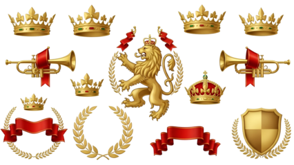 Collection of royal heraldic elements including golden crowns, a rampant lion emblem, trumpets, laurel wreaths, and shield, isolated on transparent background