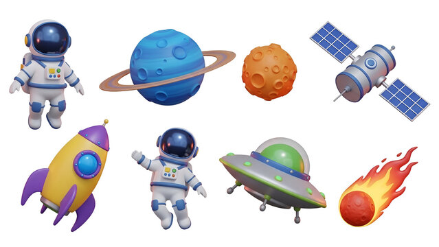 Collection of cute 3d space objects including astronaut, planet, rocket, satellite, ufo, and meteor isolated on transparent background