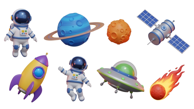 Collection of cute 3d space objects including astronaut, planet, rocket, satellite, ufo, and meteor isolated on transparent background