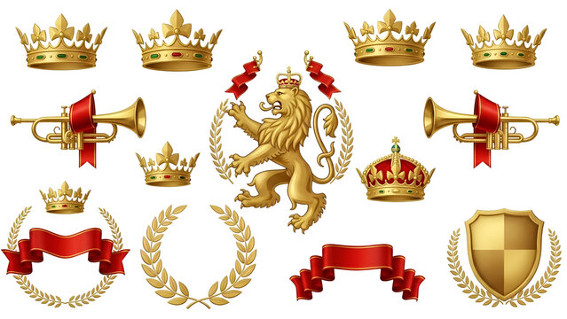 Collection of royal heraldic elements including golden crowns, a rampant lion emblem, trumpets, laurel wreaths, and shield, isolated on transparent background - Powered by Adobe