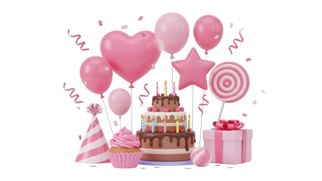 Pink birthday celebration arrangement with tiered cake, cupcake, balloons, party hat, lollipop, and gift box isolated on transparent background