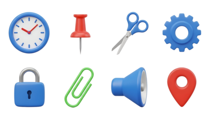 Set of eight 3d office supply icons including a clock, pushpin, scissors, gear, padlock, paperclip, speaker, and map pin isolated on transparent background