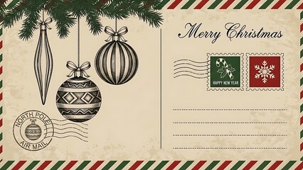 Vintage Christmas postcard with ornaments, stamps, and Merry Christmas message