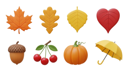Collection of 3d autumn icons featuring maple leaf, oak leaf, birch leaf, heart, acorn, cherry, pumpkin, and umbrella isolated on transparent background