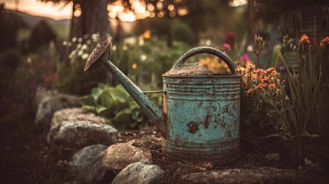 An old watering can rests next to vibrant blooms as the sun sets casting a warm glow over the garden. - Powered by Adobe