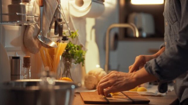 A person skillfully slices fresh raw potatoes on a wooden cutting board. The warm evening light creates a cozy atmosphere in the kitchen, surrounded by cooking tools and ingredients