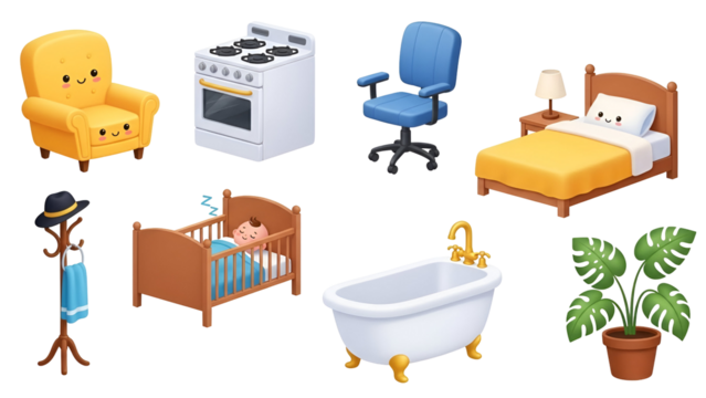 Cute cartoon furniture and home appliance set with happy faces isolated on transparent background
