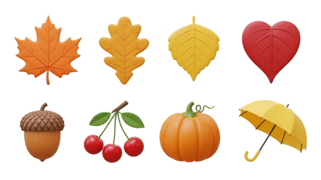 Collection of 3d autumn icons featuring maple leaf, oak leaf, birch leaf, heart, acorn, cherry, pumpkin, and umbrella isolated on transparent background