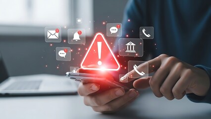Smartphone security alert with exclamation point and notification icons displayed in hologram