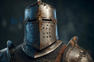 Medieval Knight in Detailed Armor Stands Ready for Battle in a Dark, Ancient Castle Interior at Dawn