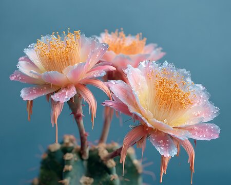 Delicate pink and yellow cactus flowers bloom with water droplets against a soft blue background