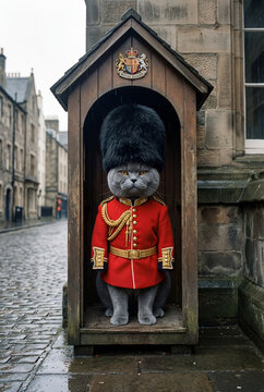 Royal Guard Cat in Uniform. British culture and security concept.