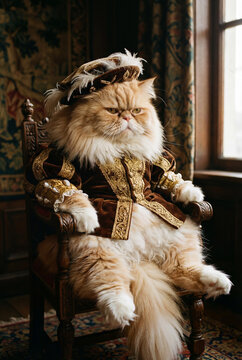 Renaissance King Cat on Throne. Royal, history, and luxury concept.