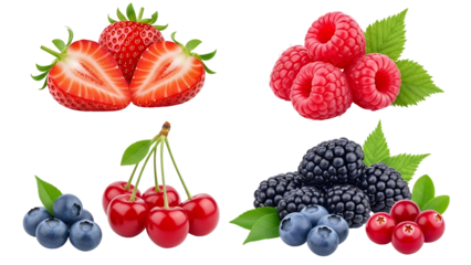 Assortment of fresh summer berries including strawberries, raspberries, blueberries, cherries, blackberries, and cranberries isolated on transparent background