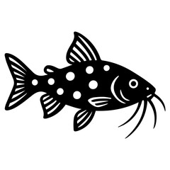 Minimalist black silhouette of a spotted catfish with long barbels and striped fins, a clean graphic on white—great for aquarium labels, fishing designs, and aquatic logos.