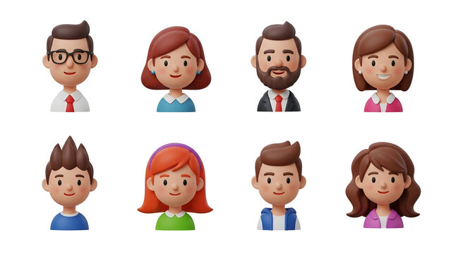 Set of eight diverse 3d avatar icons representing different people, isolated on transparent background