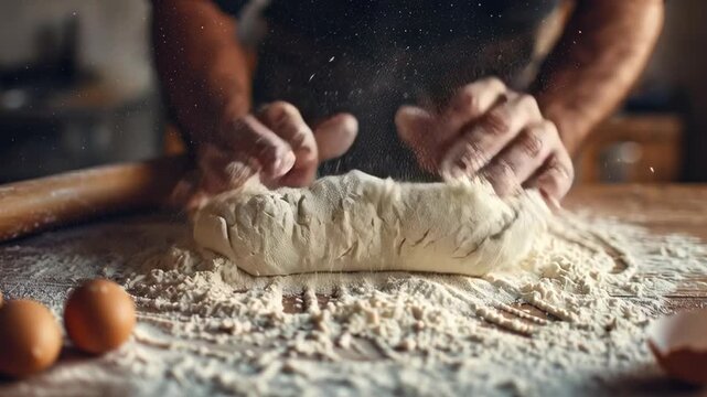 A man is making a dough with an egg in the middle. The dough is being rolled out on a wooden table