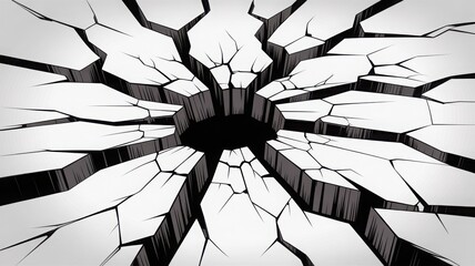 Obraz premium A graphic illustration of a large crack with a black hole in the middle, symbolizing destruction and breakage. The cracks spread out radially, creating a striking visual